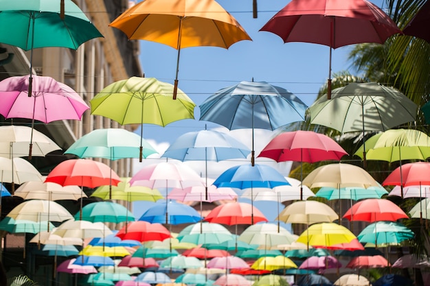 Kleurrijke paraplu's die boven de straat zweven. Straatdecoratie.