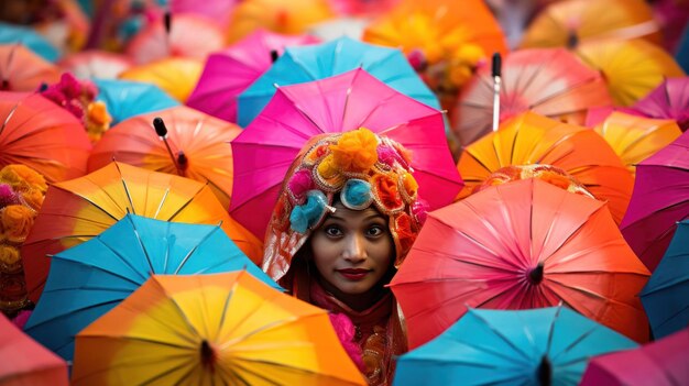 Foto kleurrijke paraplu's en kostuums vullen de straten op het mumbai-carnaval in india