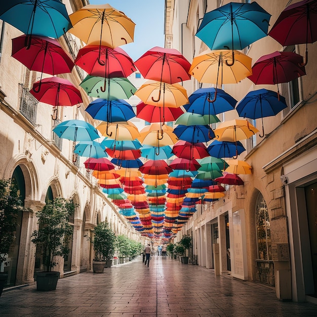 Kleurrijke parasols in de stad