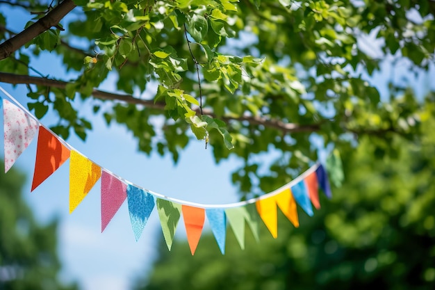 Foto kleurrijke pennant string decoratie in groen boombladeren tegen blauwe lucht zomerfeest achtergrond