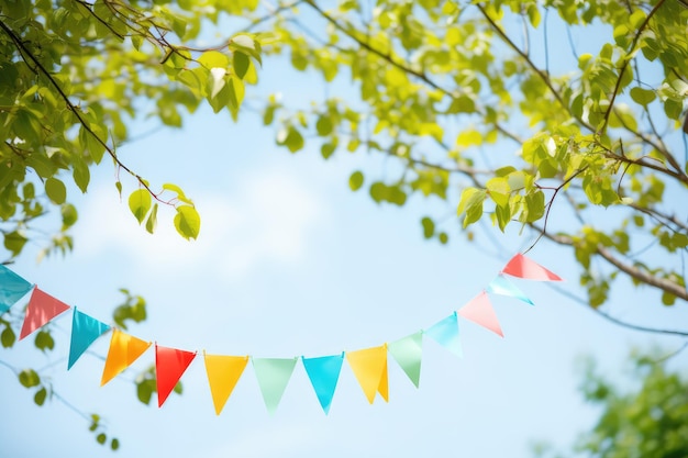 kleurrijke pennant string decoratie in groen boombladeren