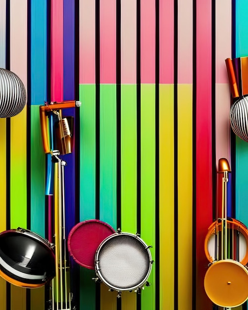 kleurrijke percussie muziekinstrumenten naast veelkleurige strepen
