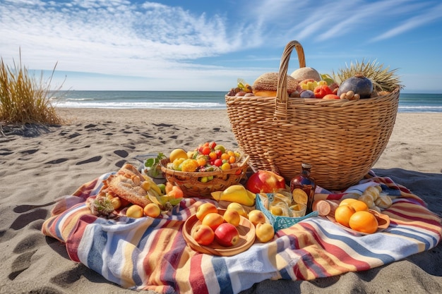 Kleurrijke picknickdeken en mand vol eten op idyllisch strand gemaakt met generatieve AI