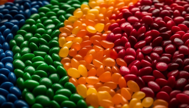 Foto kleurrijke pillen en snoepjes hopen zoete verfrissing gegenereerd door ai