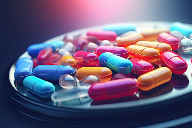 Kleurrijke pillen op een zwarte achtergrond 3d-illustratie Gekleurde stapel kleurrijke medicijnpillen en capsules in blisterverpakkingen AI Generated