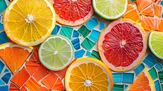 Foto kleurrijke plakjes citrusvruchten op een mozaïek achtergrond