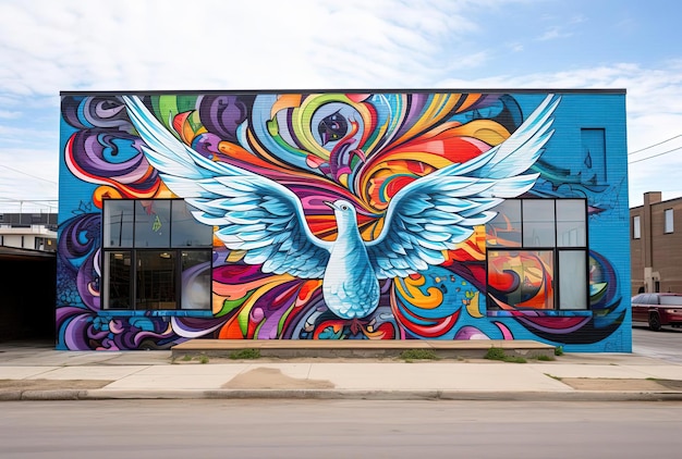 kleurrijke polaroid afbeelding van een witte duif geschilderd op een gebouw in de stijl van speelse graffitiinspi