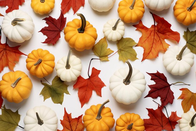 Kleurrijke pompoenen en herfstbladeren op een witte achtergrond