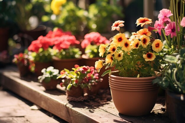 Foto kleurrijke potbloemen netjes gerangschikt op een houten richel perfect voor tuin- of interieurontwerpprojecten