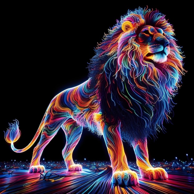 Kleurrijke prachtige woeste leeuw silhouet gemaakt van miljoenen ultra heldere neon snaren