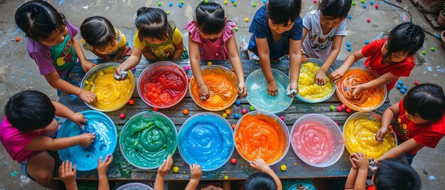 Foto kleurrijke pret kinderen spelen met kleuren