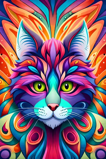 Kleurrijke psychedelische kunst kat illustratie