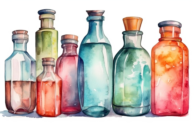Kleurrijke reeks glazen flessen opgesteld op een plank Generatieve AI