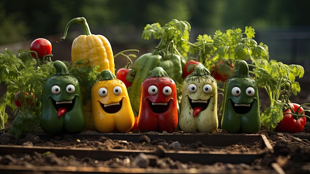 Foto kleurrijke reeks groenten, elk versierd met cartoonachtige gezichten die vreugde en vrolijkheid uitstralen