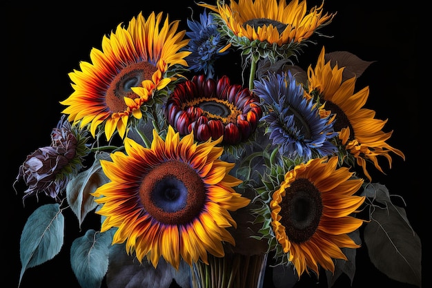 Kleurrijke regeling van zonnebloemen hoge kwaliteit afbeelding selectieve aandacht