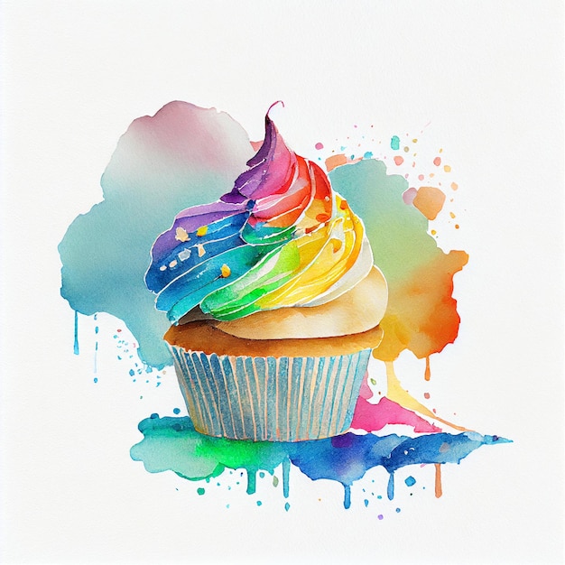 Kleurrijke regenboog aquarel cupcake op witte achtergrond illustratie