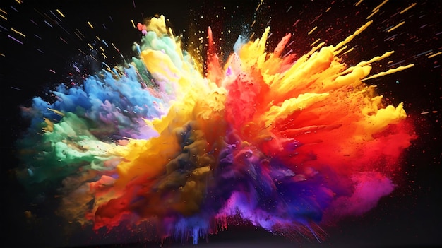 Kleurrijke regenboog holi verf kleur poeder explosie geïsoleerd op donkere zwarte achtergrond Gegenereerde AI