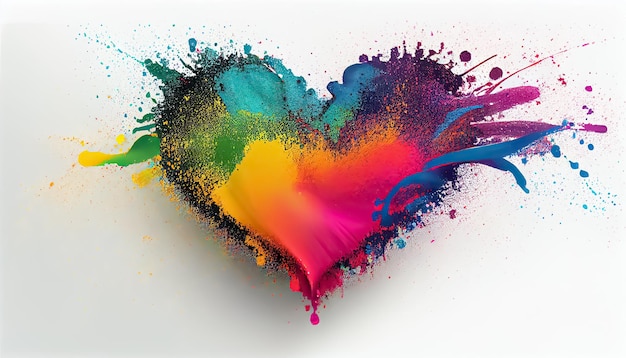 Kleurrijke regenboog holi verf kleur poeder explosie hart vorm witte achtergrond scène