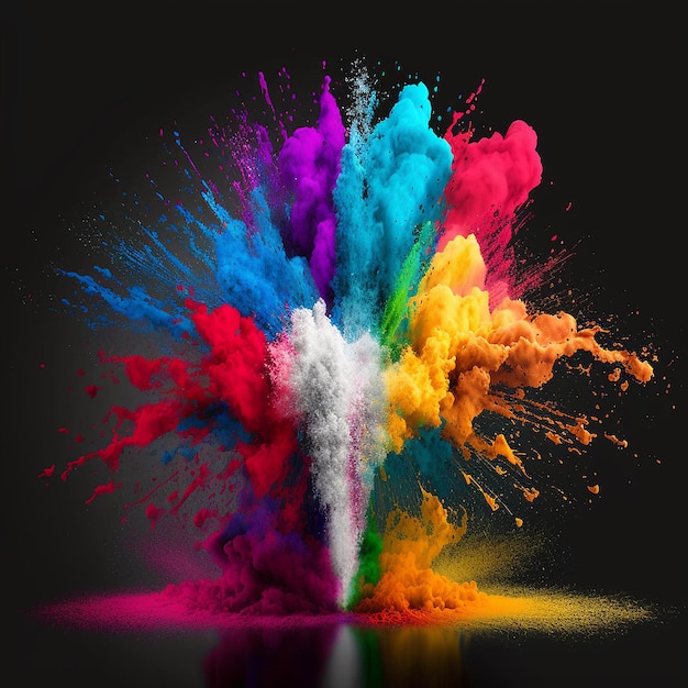 Foto kleurrijke regenboog holi verf splash explosie van gekleurd poeder op zwarte achtergrond generatieve ai