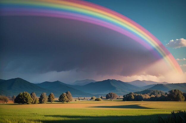 Kleurrijke regenboogbehang Regenhemel Mooie regenbogen achtergrond Bos weide bloemen