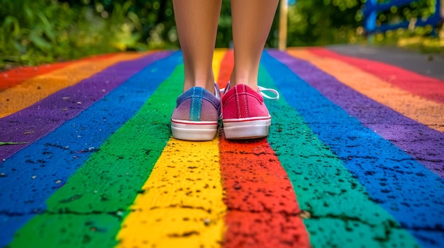 Kleurrijke reis voeten op een regenboog oversteek