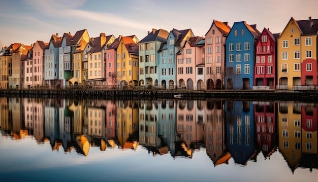 Kleurrijke rij huizen aan een rivier