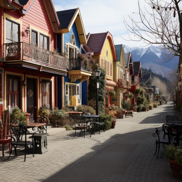 Foto kleurrijke rij huizen op een bakstenen loopbrug in whistlerian stijl