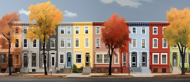 kleurrijke rijtjeshuizen met meerdere verdiepingen in de herfst in de stijl van lichtrood en grijs