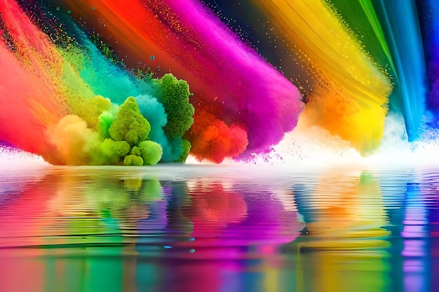 Foto kleurrijke rook- en waterkleuren worden weerspiegeld in een spiegel.