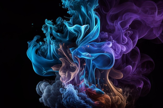 Kleurrijke rook op de zwarte achtergrond Abstracte achtergrond voor ontwerp generatieve ai