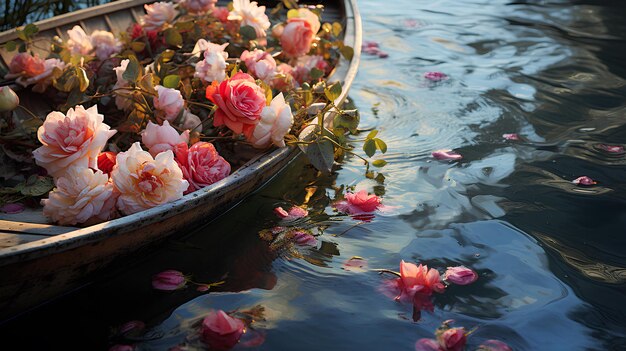 kleurrijke rozen in het water op de boot