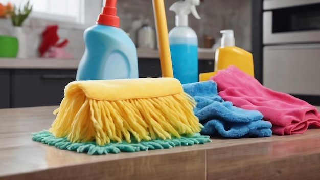 Kleurrijke samenstelling met een mop sponzen doekjes handschoenen en reinigingsmiddelen voor algemene reiniging