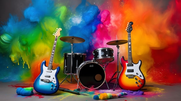 Foto kleurrijke scène van elektrische gitaren en drumkits die op rockmuziek jammen op een festival met rijke kleuren