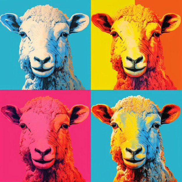 Foto kleurrijke schapenportretten in de stijl van andy warhol