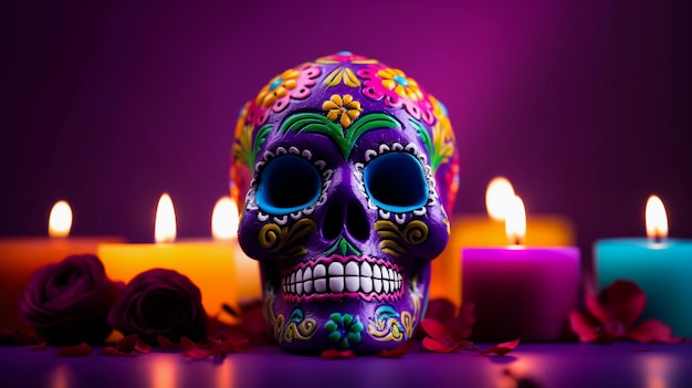 Kleurrijke schedel van dia de los Muertos met kaarsen