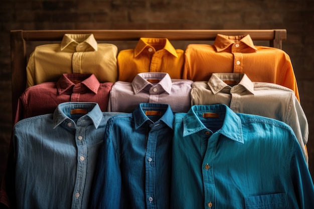 Foto kleurrijke shirts in een rij op een houten plank in een winkel mannen shirts gewassen en gestreken ai generated