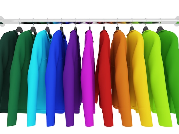 kleurrijke shirts met hangers geïsoleerd op wit, 3d