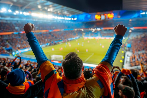 Foto kleurrijke sjaal juicht voetbalfans aan in een vol stadion bij zonsondergang