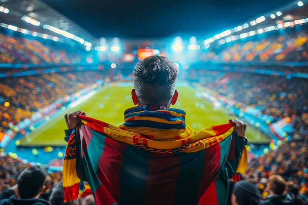 Kleurrijke sjaals en juichende voetbalfans verzamelen zich in het avondstadion