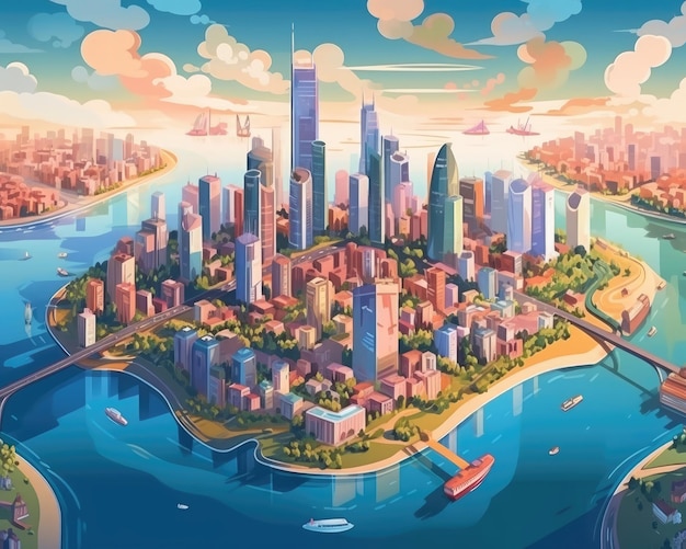 Kleurrijke skyline van de stad aan de rivier Generatieve AI