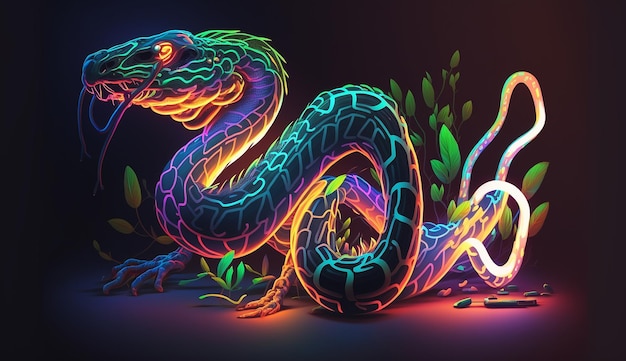 Kleurrijke Snake animal neon illustratie afbeelding Ai gegenereerde kunst