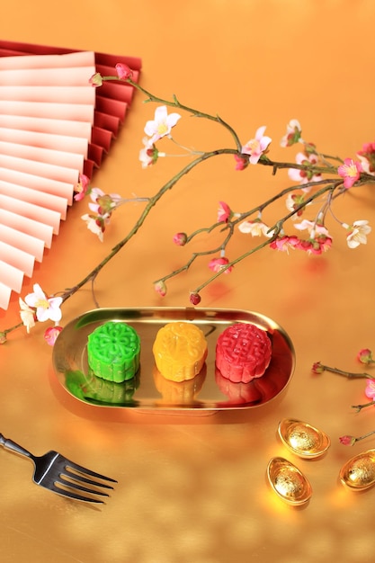 Kleurrijke snow skin moon cake sweet mochi mooncake traditioneel chinees dessert voor mid autumn festival