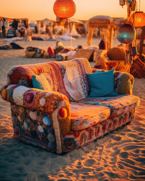 kleurrijke sofa op het strand bij zonsondergang