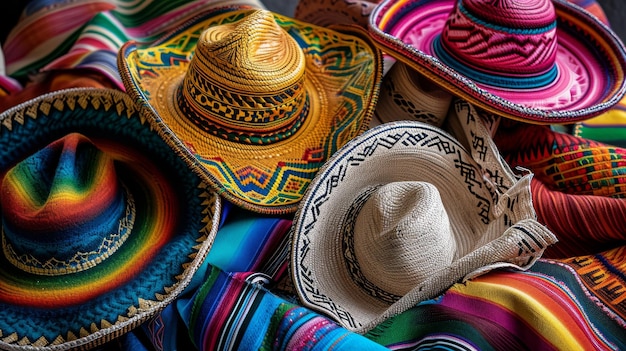 Kleurrijke Sombrero-hoeden op een levendig tafellak Chico De Mayo