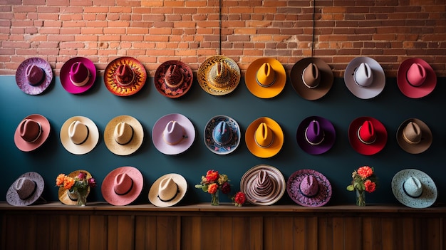 Kleurrijke sombreros die aan een muur hangen