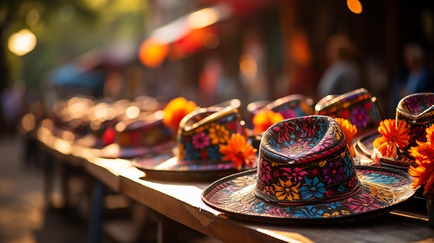 Kleurrijke sombreros en maracas te koop bij een behang