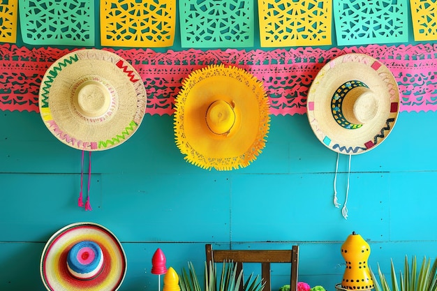 Kleurrijke sombreros op een blauwe muur met feestelijke versieringen