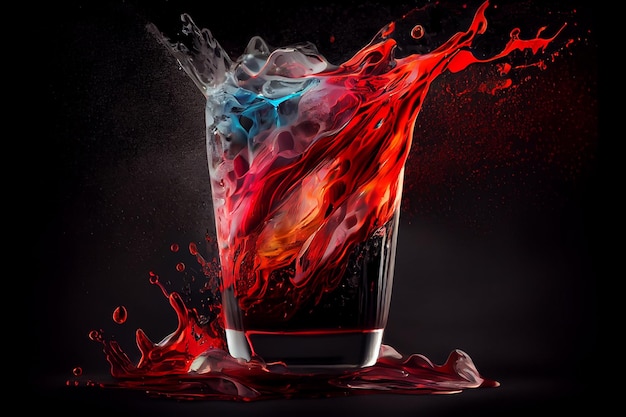 Kleurrijke spatten water in een glas op een zwarte achtergrond generatieve ai