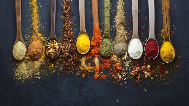 Kleurrijke specerijen achtergrond top view kruiden en kruiden voor Indiase gerechten