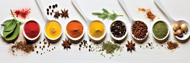 Kleurrijke specerijen Aromatische kruiden en keukengerei op een ongerepte witte achtergrond